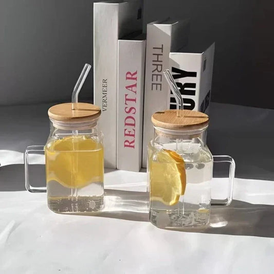 Square Glass Tumbler With Glass Straw