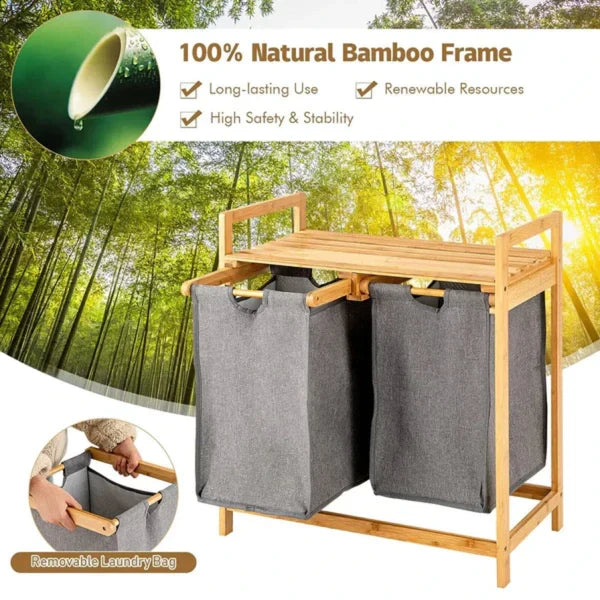 Bamboo Laundry Hamper With Dual Compartments Grey Color